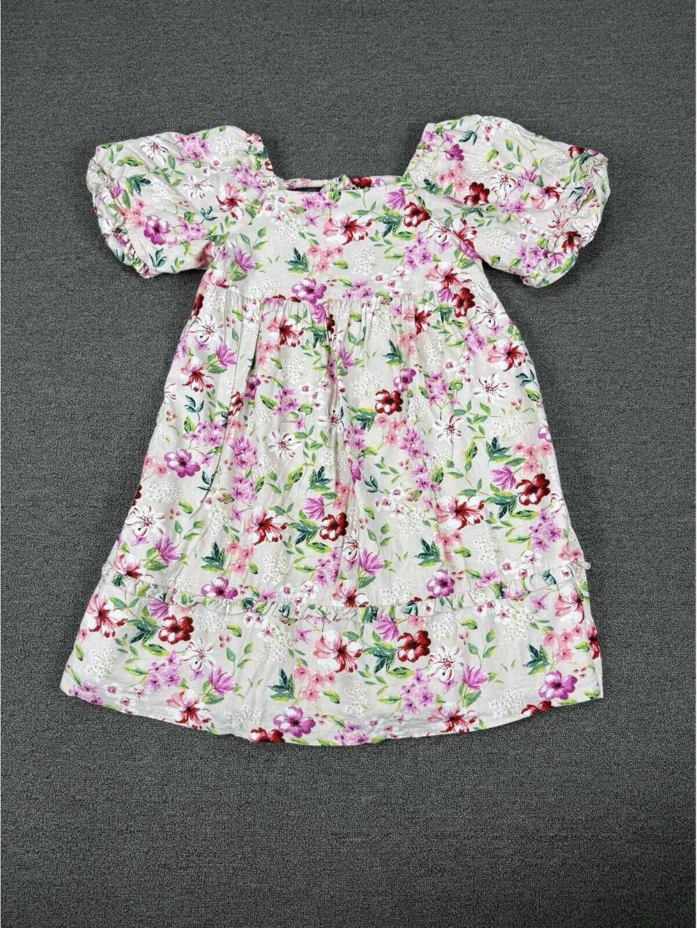 Bonnie Jean Girls 14 Pink Floral Dress Short Sleeve Natural Linen Girly